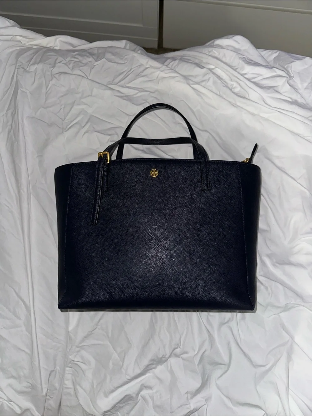 Tory Burch Navy Emerson Small Tote Leather Satchel with Crossbody Strap